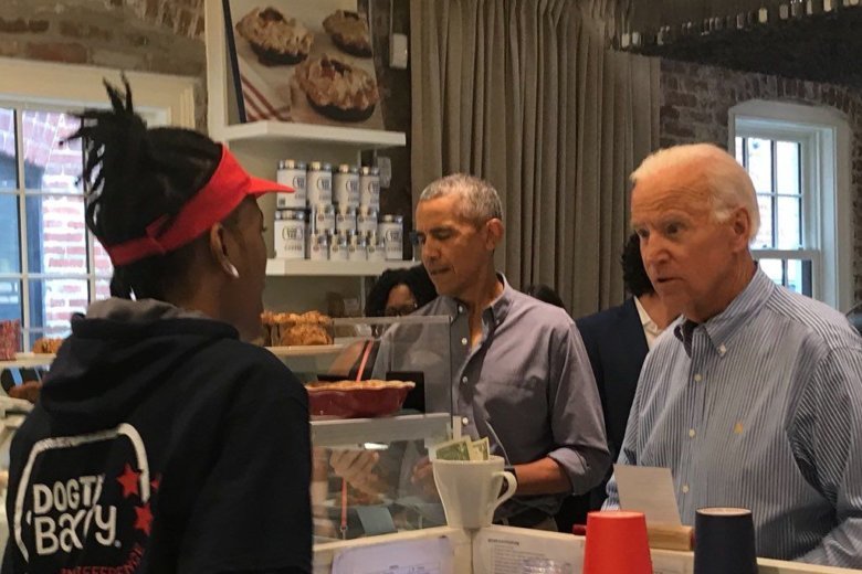 Former President Barack Obama and former Vice President Joe Biden dropped into Dog Tag Bakery in Georgetown for lunch on Monday, July 30, 2018. Photo: Dog Tag Bakery/Twitter