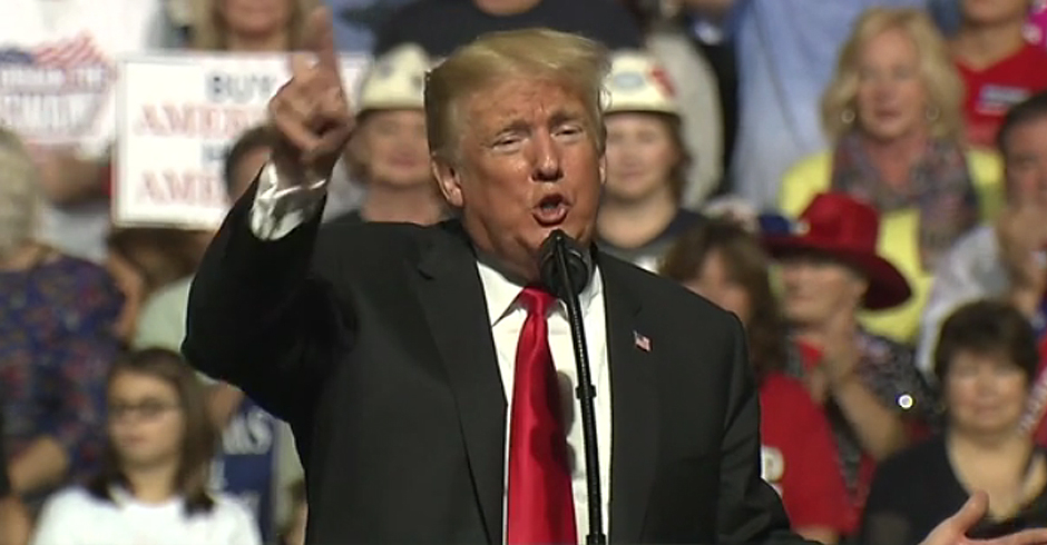 Donald Trump speaking at a political rally in Wheeling, West Virginia