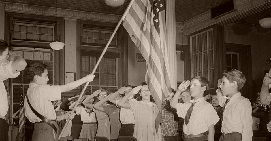 Vintage photo of the Pledge of Allegiance being recited.